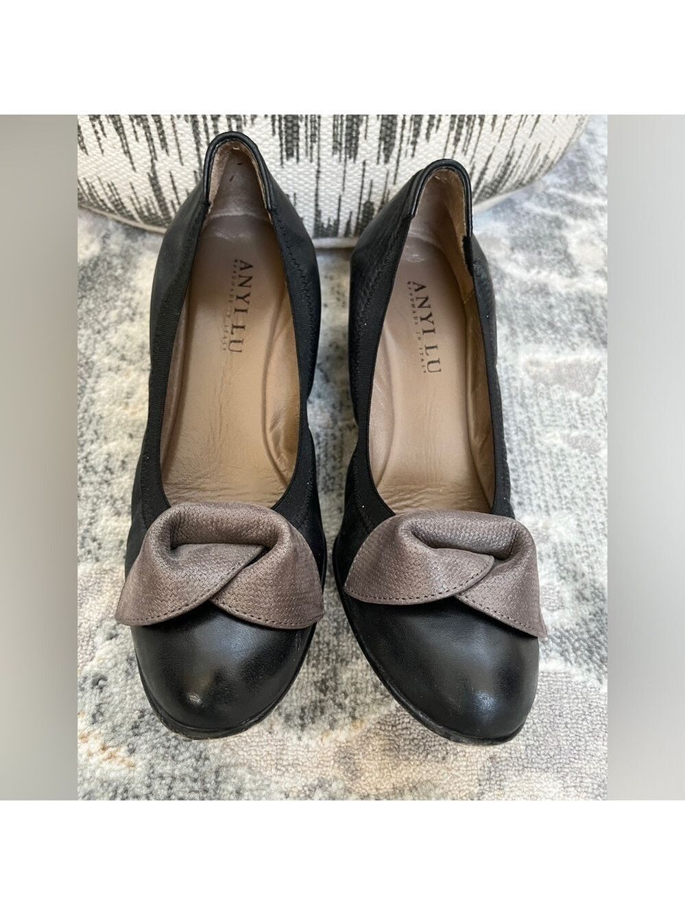 ANYI LU Leather Shoes Wedge Ballet Elastic Sides Bow Detail Italy Chic Business